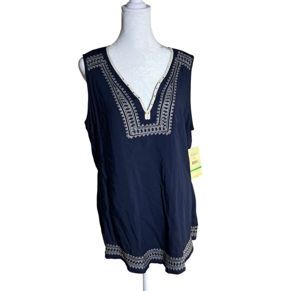 Múltiples Tunic Top M Navy Blue Lacey Yoke Embroidered V Neck Cottage Core Boho